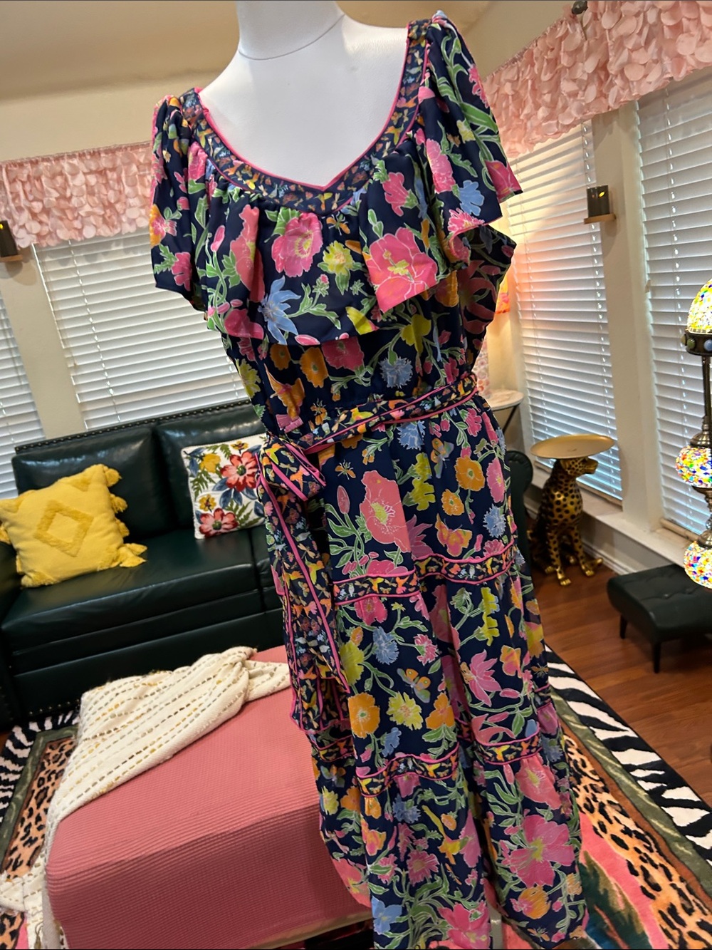 Navy Floral Ruffle Tiered Maxi Dress with Tie Waist